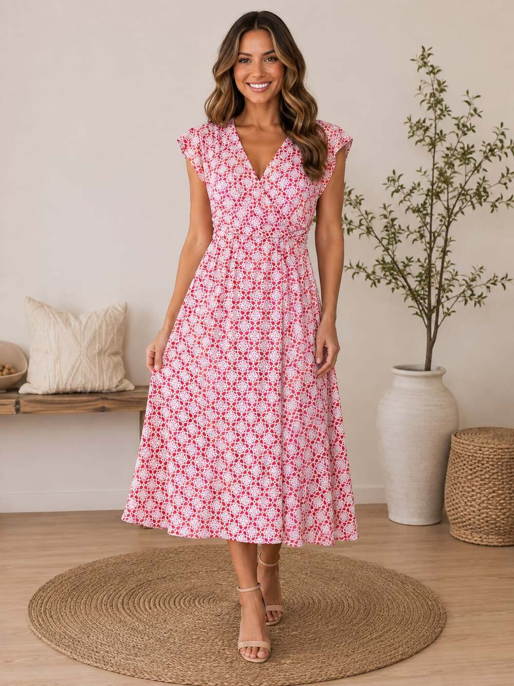 Lands’ End Pink Coral Print Faux Wrap Maxi Dress Cotton Modal Stretch Size S